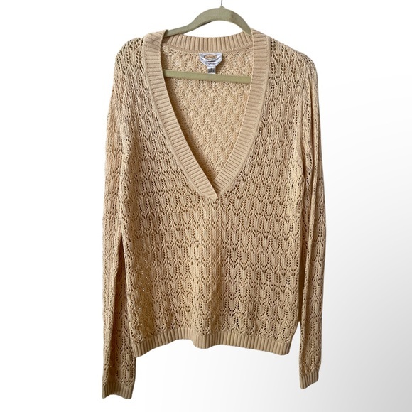 Talbots 100% Mercerized Cotton Open-Knit Long Sleeved V-Neck Sweater Tan L‎ - Picture 1 of 5